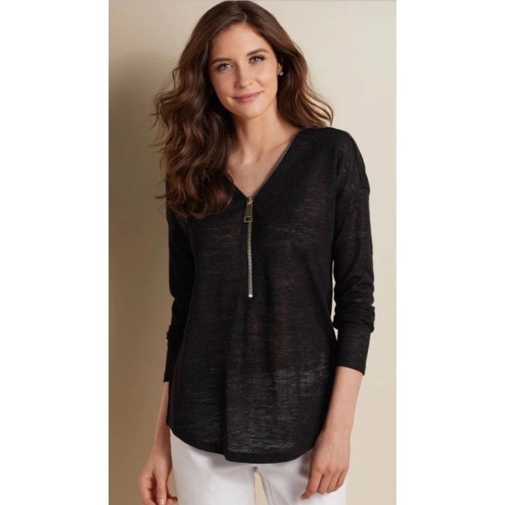 Soft Surroundings Womens Black Half Zip Slub Knit Top Long Sleeve Size M 29077